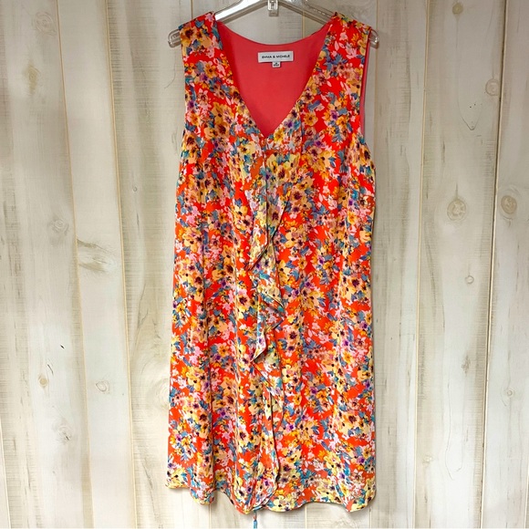 Emma & Michele Dresses & Skirts - Emma & Michele Orange Yellow Teal Floral V Neck Ruffle Tie Back Dress Sz 3X